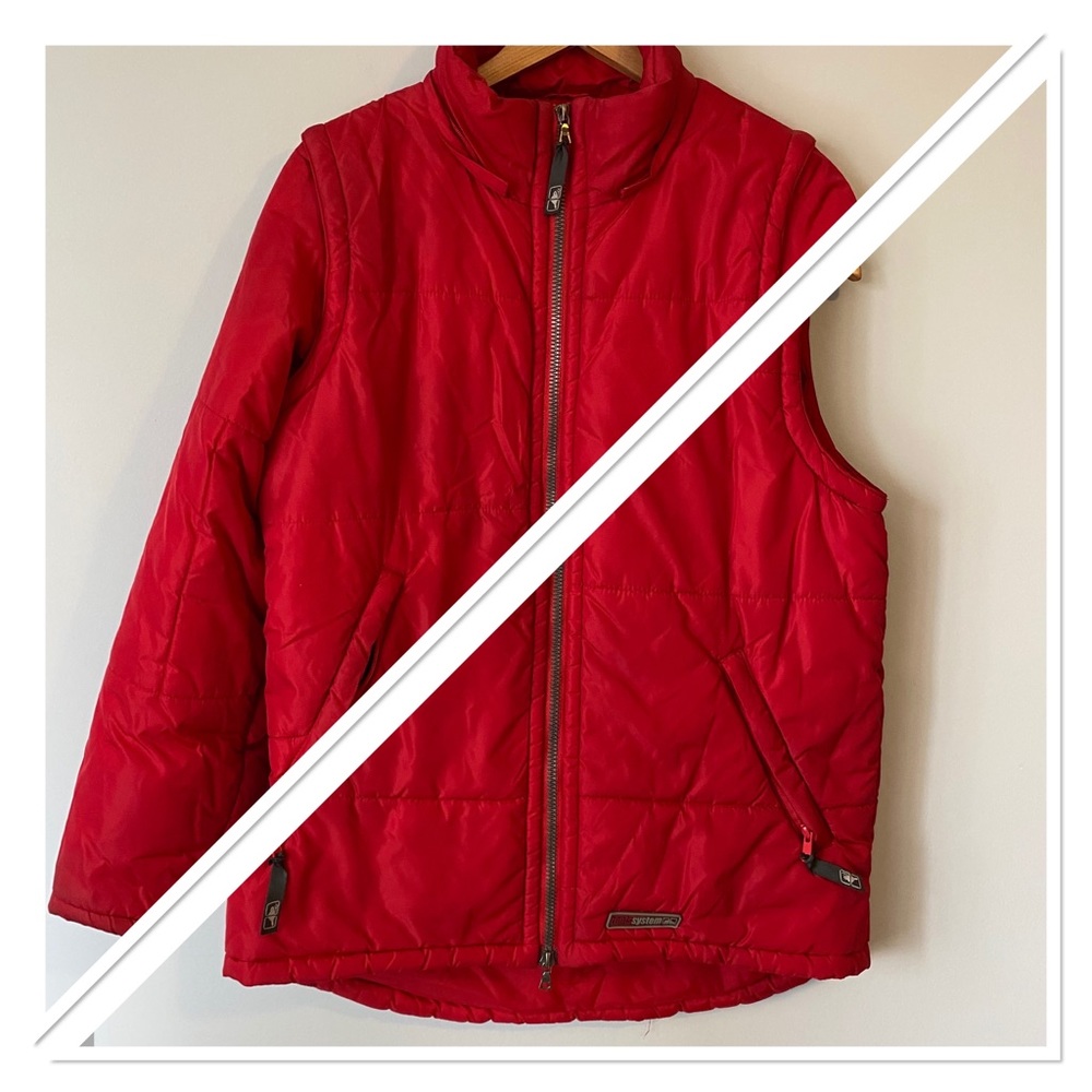 Roots system women’s red convertible puffer coat puffer vest. Size small.
